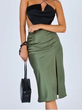Women's Olive Green Midi Skirt with Front Slit